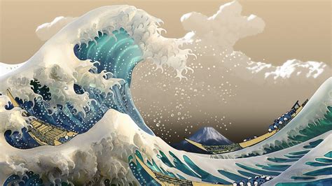  The Great Wave Off Kanagawa Met Abstracte Vormen en Vibrerende Kleuren!